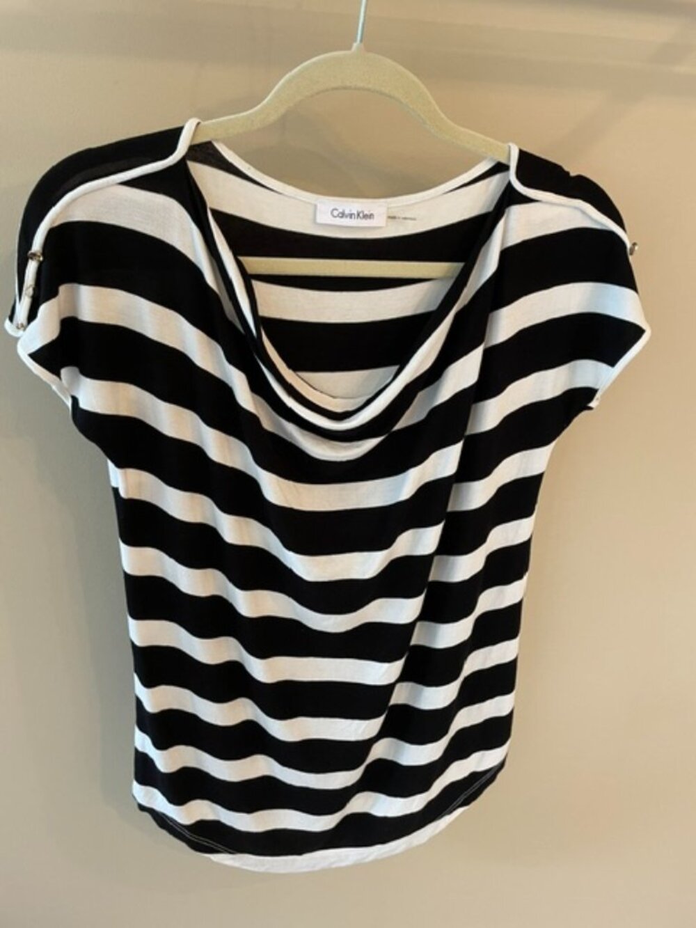 Women's Calvin Klein Cap Sleeve Striped top in black and white with drop neck.